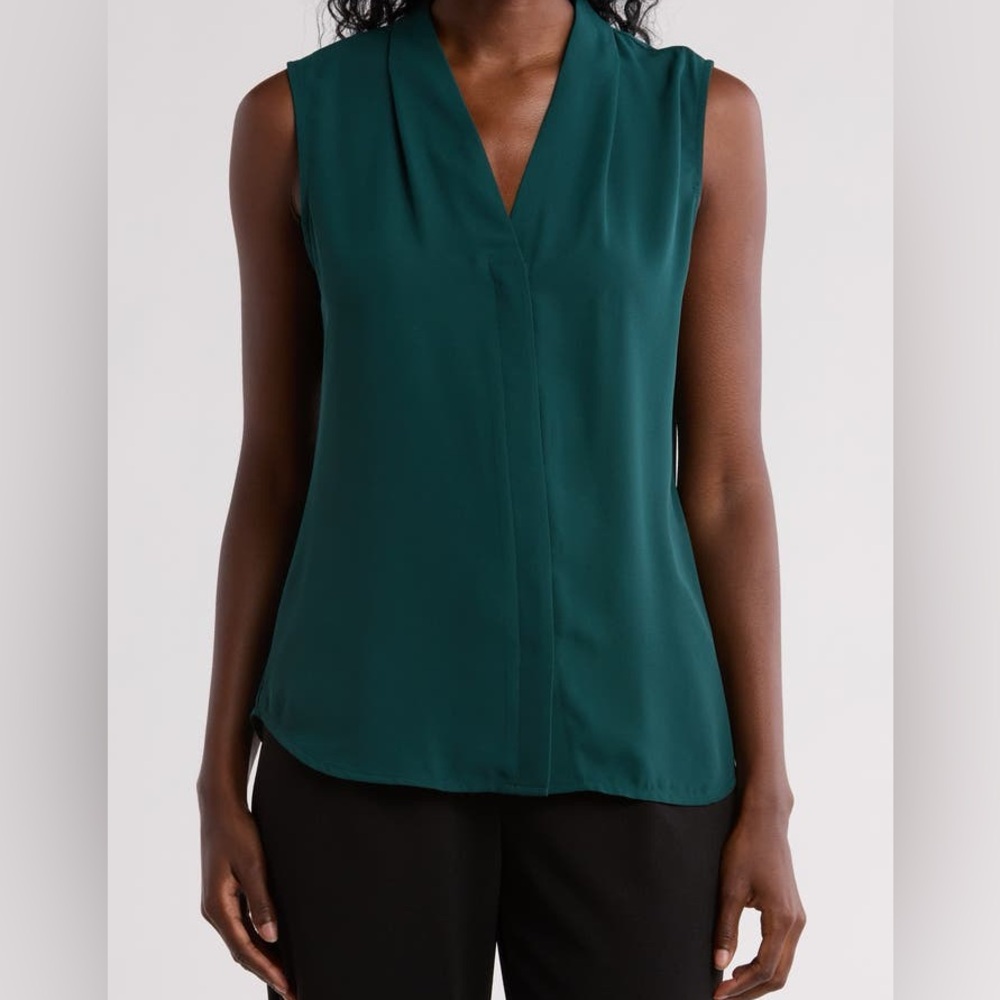 Sleeveless Work Top Pleated Chiffon V Neck Blouse Green Size Large